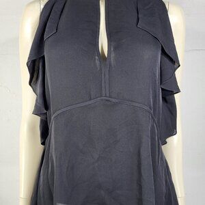 Theory black ruffled slit sleeve 100% silk keyhole blouse ladies Small